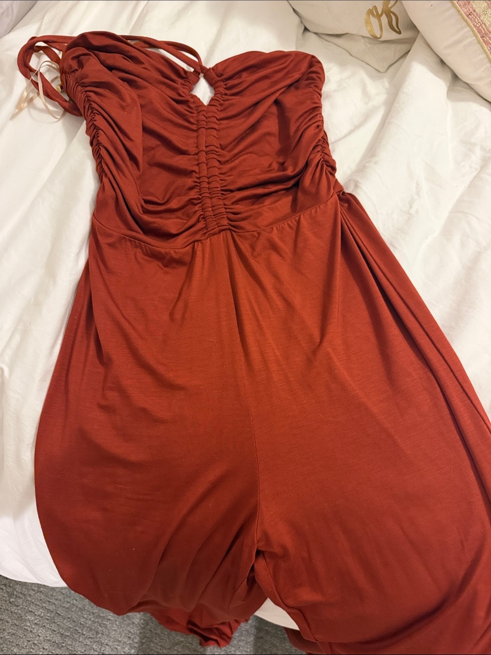 Trina Turk Rust-Orange Strapless Ruched Jumpsuit